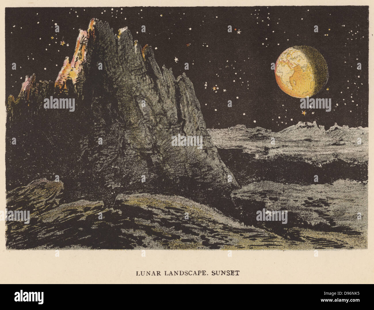 Vue d'artiste de paysage lunaire au coucher du soleil. La terre est en haut à droite. Les étoiles sont visibles dans le ciel lunaire bien qu'il n'est pas noir parce que la Lune n'a pas d'atmosphère pour diffuser la lumière. De Sun, Moon and Stars', Agnès Giberne (Londres, 1884). Chromolithographie. Banque D'Images