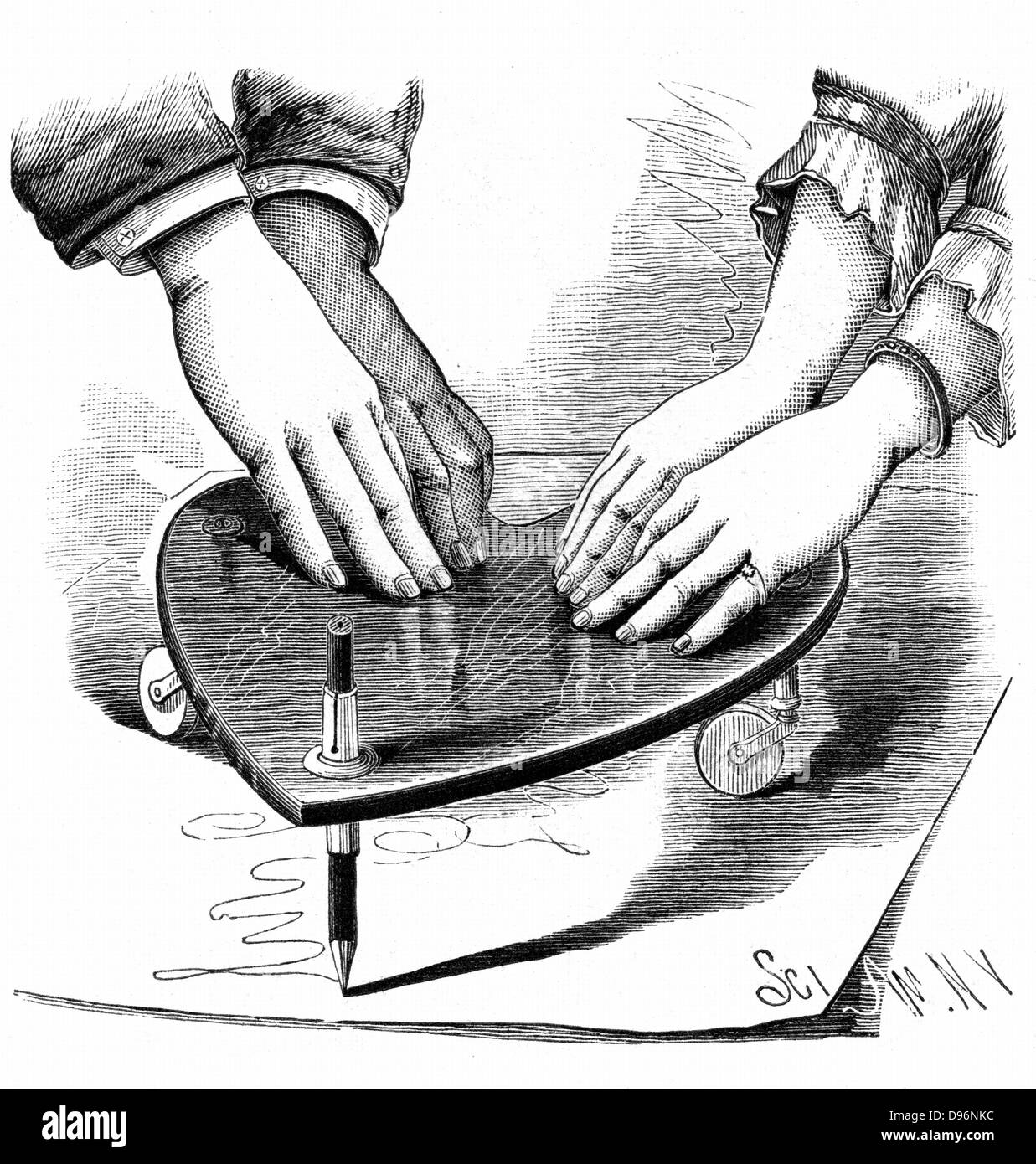Ou Planchette Ouija board, 1885. Méthode d'utilisation de la planchette pour spirit écrit pendant une séance. À partir de 'Le Scientific American' (New York, 1885). La gravure sur bois. Banque D'Images