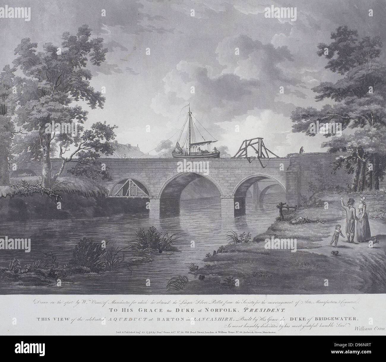Viaduc sur le Canal de Bridgewater le transporter de l'autre côté de la rivière Irwell. Construit par l'ingénieur civil anglais James Brindley (1716-1772) il a été commandé par le duc de Bridgewater pour transporter le charbon de ses mines à Worsley, Lancashire à la ville industrielle de Manchester. Banque D'Images