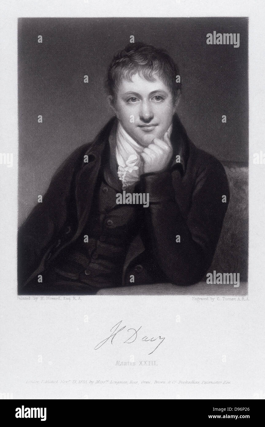 Humphry Davy (1778-1829), chimiste britannique . Inventeur de la lampe de sûreté pour les mineurs. À l'aide d'électrolyse il a découvert un certain nombre d'éléments. A travaillé sur l'oxyde nitreux (gaz hilarant). Le professeur de chimie, Institution royale, Londres, 1802. Banque D'Images