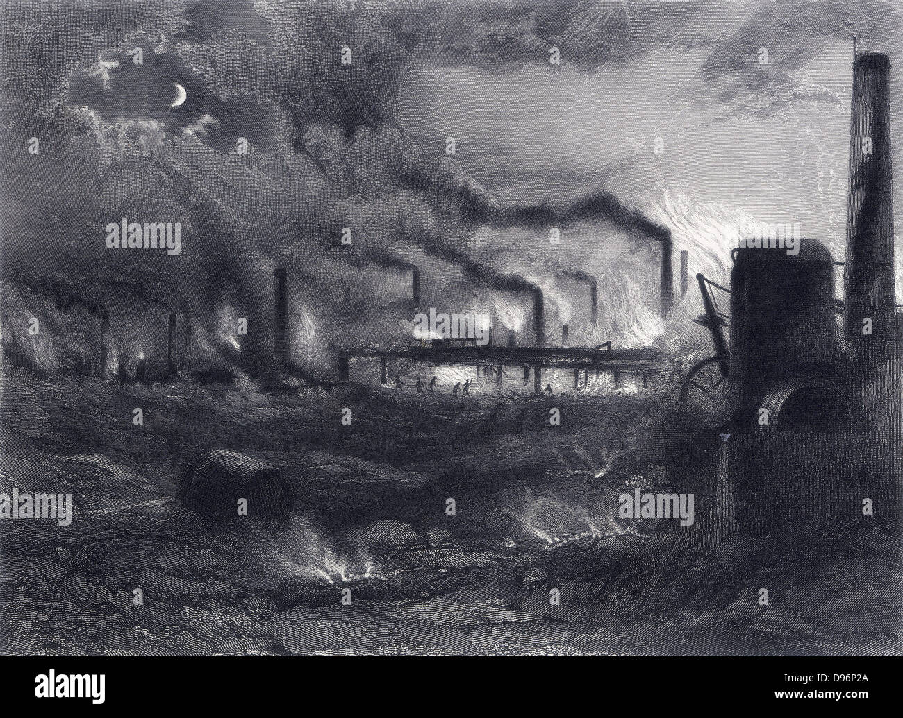 Près de Black Country, Bilston Staffordshire, Angleterre, dans la nuit, montrant des fours et cheminées rougeoyant des éructations de fumée. Gravure de 'Staffordshire Warwickshire et passé et présent par John Alfred Langford (1872). La pollution causée par l'industrie lourde dans ce domaine des Midlands anglais lui a donné son nom de Black Country. Banque D'Images