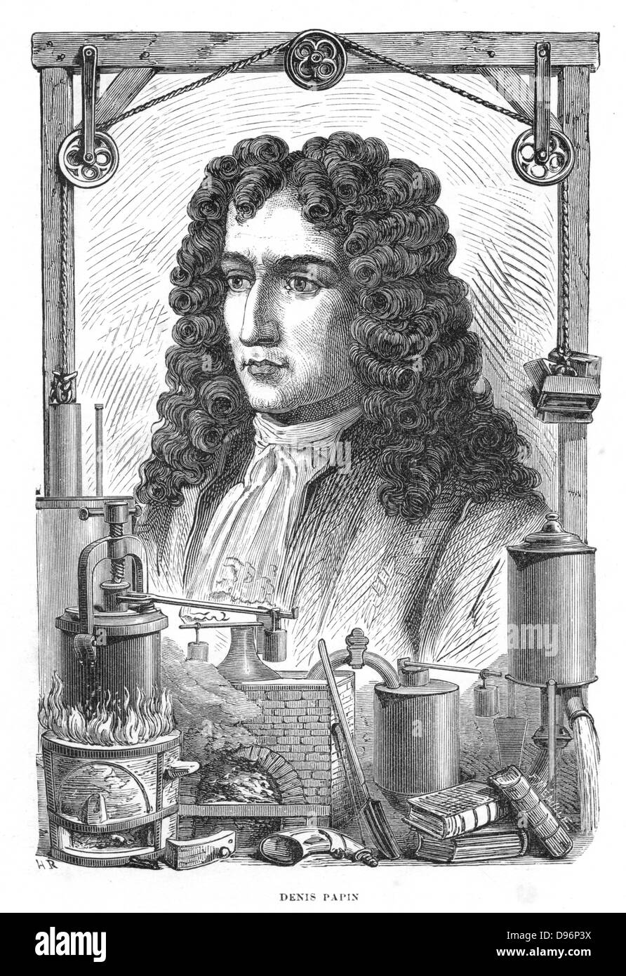 Denis Papin (1647-1712) Physicien français. Parmi les éléments au bas de la photo sont ses "igester" (une forme précoce de l'autocuiseur) à gauche, et son moteur à vapeur, centre. À partir de 'Vies des Illustres Savant', Louis Figuier, (Paris, 1870). Banque D'Images