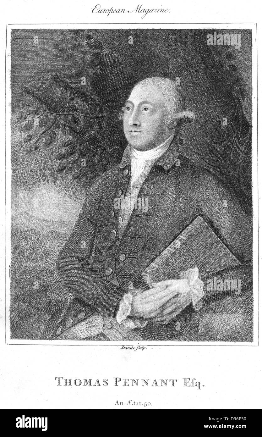 Thomas Pennant (1726-1798) naturaliste et voyageur britannique, c1776. . Fanion est assis par un arbre tenant un livre représentant son 'british' Zoologie 1766. Après gravure Thomas Gainsborough (1727-1788) de 'l'Magazine', (Londres, 1793). Banque D'Images