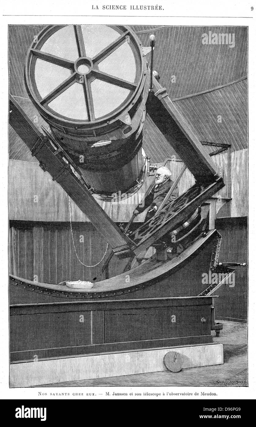 Pierre Jules César Janssen (1824-1907) astronome français à l'oculaire de son télescope à l'observatoire de Meudon France. Un accident survenu à un jeune âge le rend incapable de marcher ou d'aller à l'école. Il a travaillé comme employé de banque et finalement sont entrés dans la Sorbonne, et obtient son diplôme en 1852. À partir de 'La Science Illustree'. (Paris, 1893). La gravure. Banque D'Images