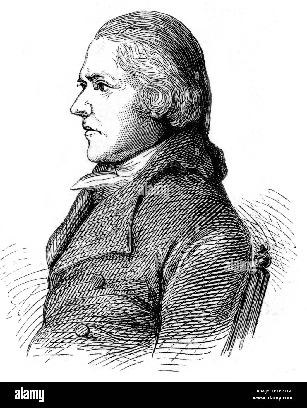 William Jessop (1745-1814) Ingénieur Civil anglais. Particulièrement bien connu pour ses travaux sur les canaux, les ports et les premiers chemins de fer à la fin du xviiie et au début du 19e siècle. En 1790, avec Benjamin Outram (1764-1805), il a fondé l'usine sidérurgique de Butterley, pour la fabrication de rails edge en fonte, un design Jessop a toujours utilisé avec succès avec des roues à bride sur un fer à cheval pour les wagons de charbon en 1789. La gravure. Banque D'Images