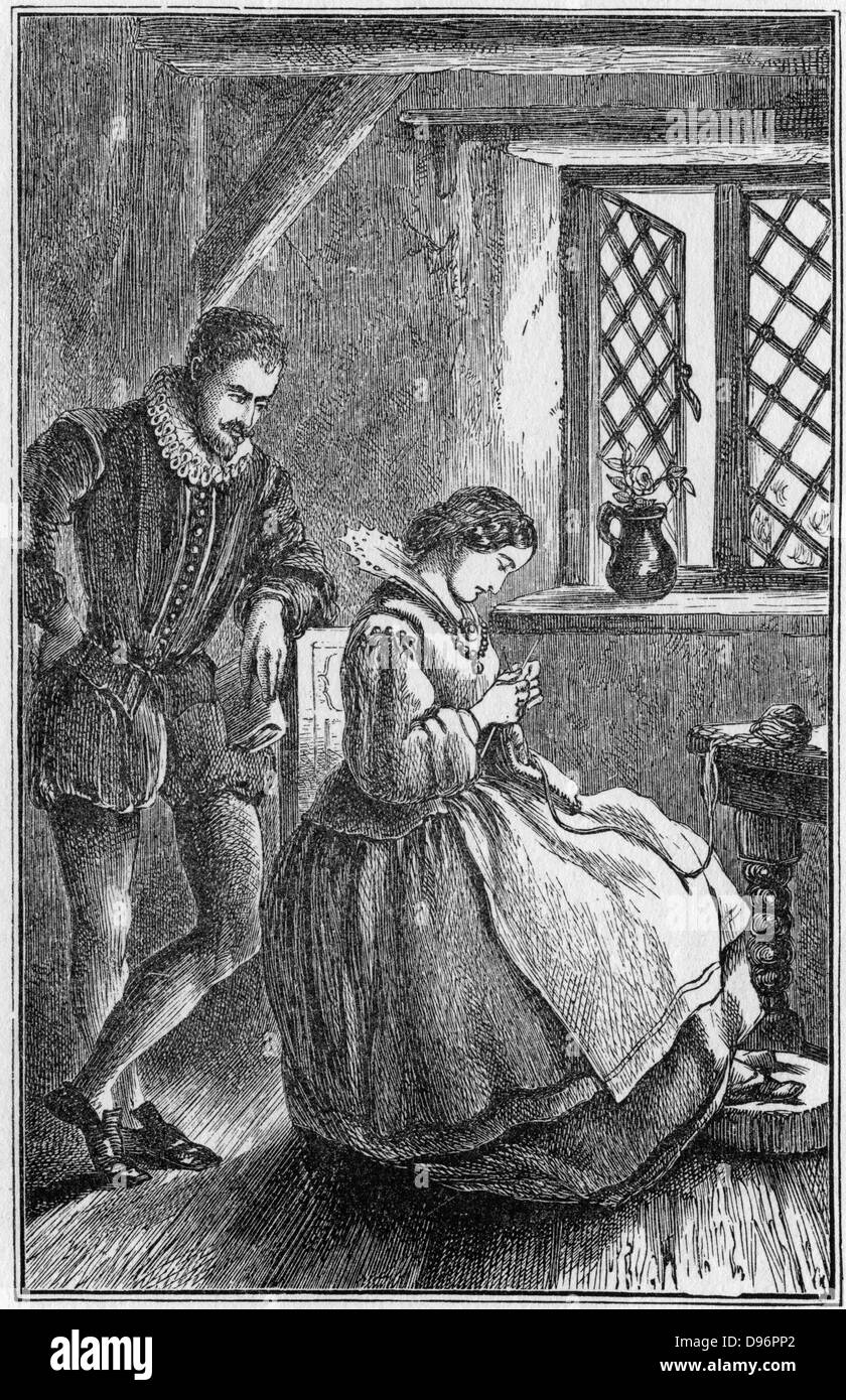 William Lee (c1550-c1610) inventeur anglais de la première image-tricot machine (1589). Lee, né en Bretagne, en regardant sa femme avec zèle le tricot à la main. La gravure sur bois du xixe siècle. Banque D'Images