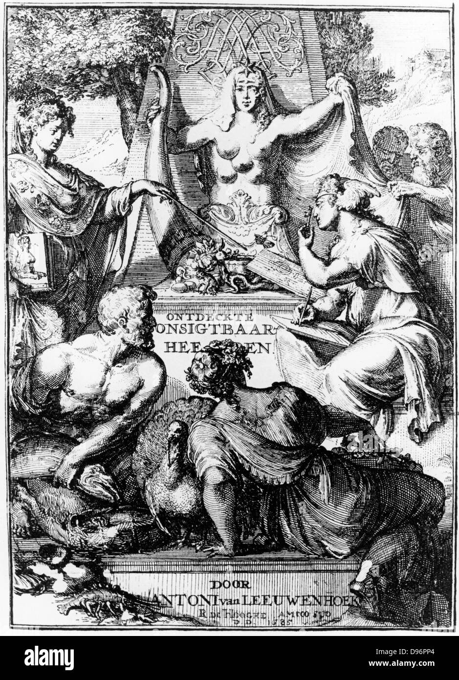 Frontispice de 'Ontledigen Ondekkigen en ... Brieven' par Anton van Leeuwenhoek. (La Haye, 1686). La figure au milieu à droite de la photo est de faire des observations avec un microscope Leeuwenhoek. Banque D'Images