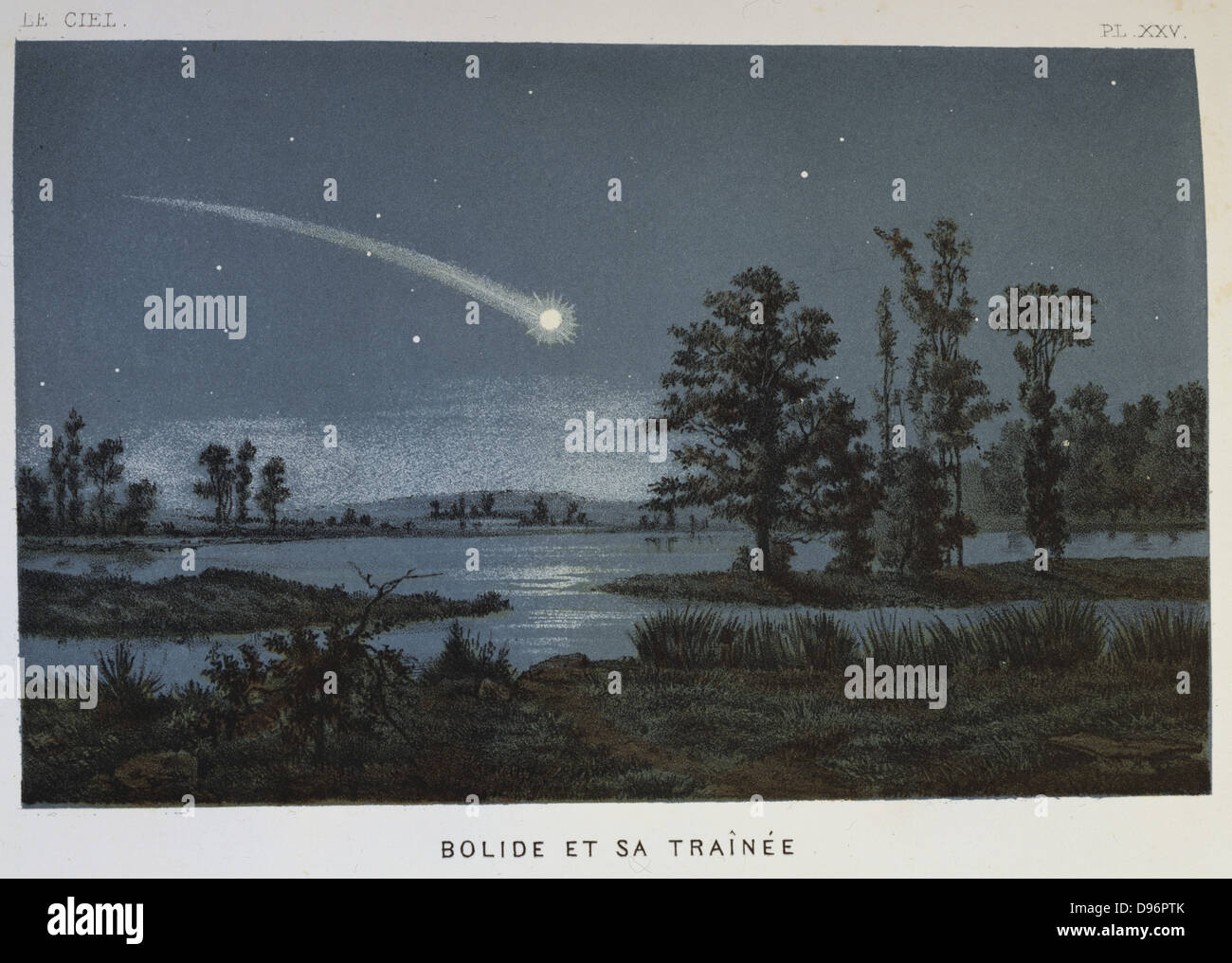 Le bolide et son train. Un bolide est un grand météore qui habituellement explose dans une boule de feu. À partir de 1870 en français livre populaire sur l'astronomie. Chromolithographie. Banque D'Images