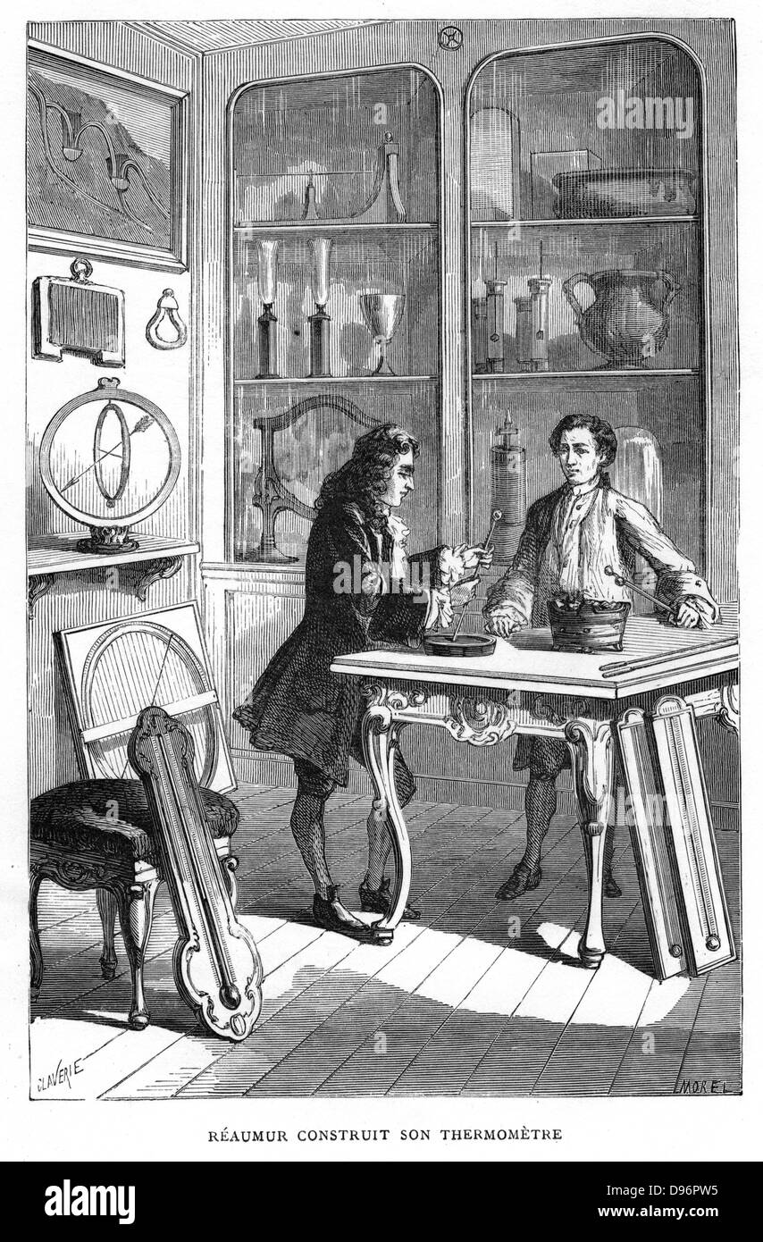 Rene-Antoine Ferchault de Reamur (1683-1757) Physicien français. Il est montré la construction d'un thermomètre à l'aide d'esprit au lieu de mercure, et son thermomètre avait 80 degrés de geler sur le point d'ébullition. À partir de 'Vies des savants illustres du XVIIIe siecle' par Louis Figuier. (Paris, 1874). La gravure sur bois. Banque D'Images