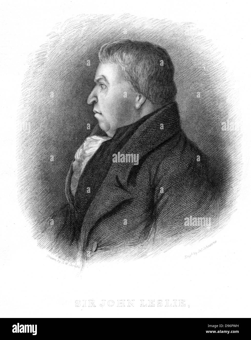 John Leslie (1766-1832) physicien et philosophe naturel écossais. Leslie a inventé un certain nombre d'instruments scientifiques et en 1810 créé la glace artificielle. Professeur de mathématiques, Édimbourg 1805 et de philosophie naturelle 1819. Fait chevalier en 1832. Après avoir tracé par Benjamin William Crombie (1803-1847). La gravure. Banque D'Images
