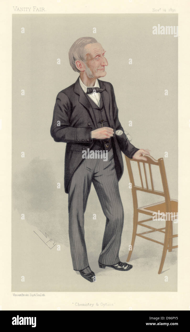 John Hall Gladstone (1827-1902), chimiste anglais. Président de la Société Chimique, 1877-1879. Il était intéressé par l'enseignement technique, et a été membre de la London School Board, 1873-1894. Caricature de "espion", pseudonyme de Leslie Ward (1851-1922) peintre et caricaturiste britannique, à partir de 'Vanity Fair'. (Londres, 14 novembre 1891). Chromolithographie. Banque D'Images