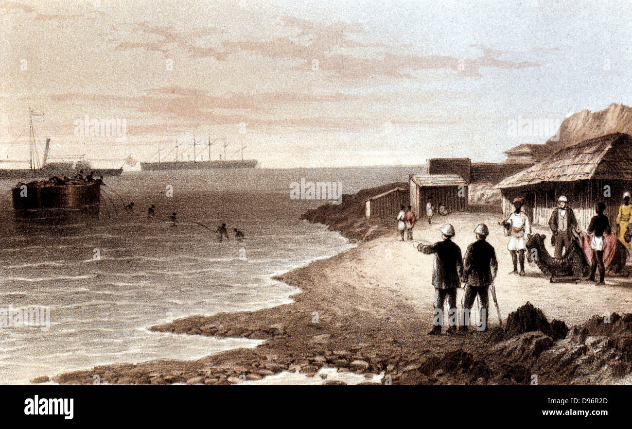 La côte d'atterrissage fin du câble de Bombay à Aden. JC de l'océan "Parkinson à Telegraph India' London 1870. Lithographie en couleur Banque D'Images La côte d'atterrissage fin du câble de Bombay à Aden. JC de l'océan "Parkinson à Telegraph India' London 1870. Lithographie en couleur Banque D'Images