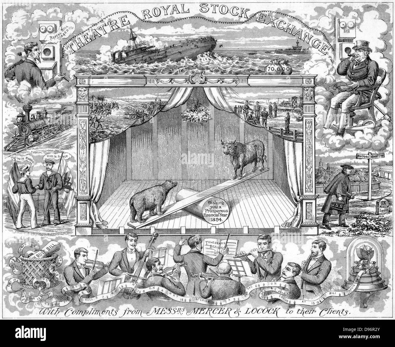 Marchés des actions : les liens internationaux par télégraphe et téléphone. Nouvelle Année salutations de Mercer Locock à leurs clients 1894 Banque D'Images