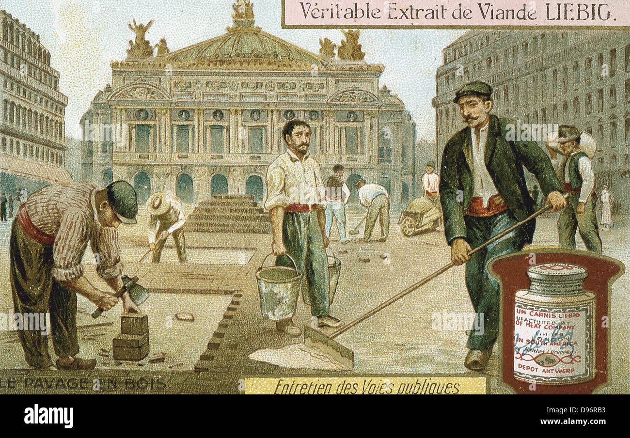 Un revêtement de la rue de Paris avec des blocs de bois. Liebig trade card c1900. Chromolithographie Banque D'Images