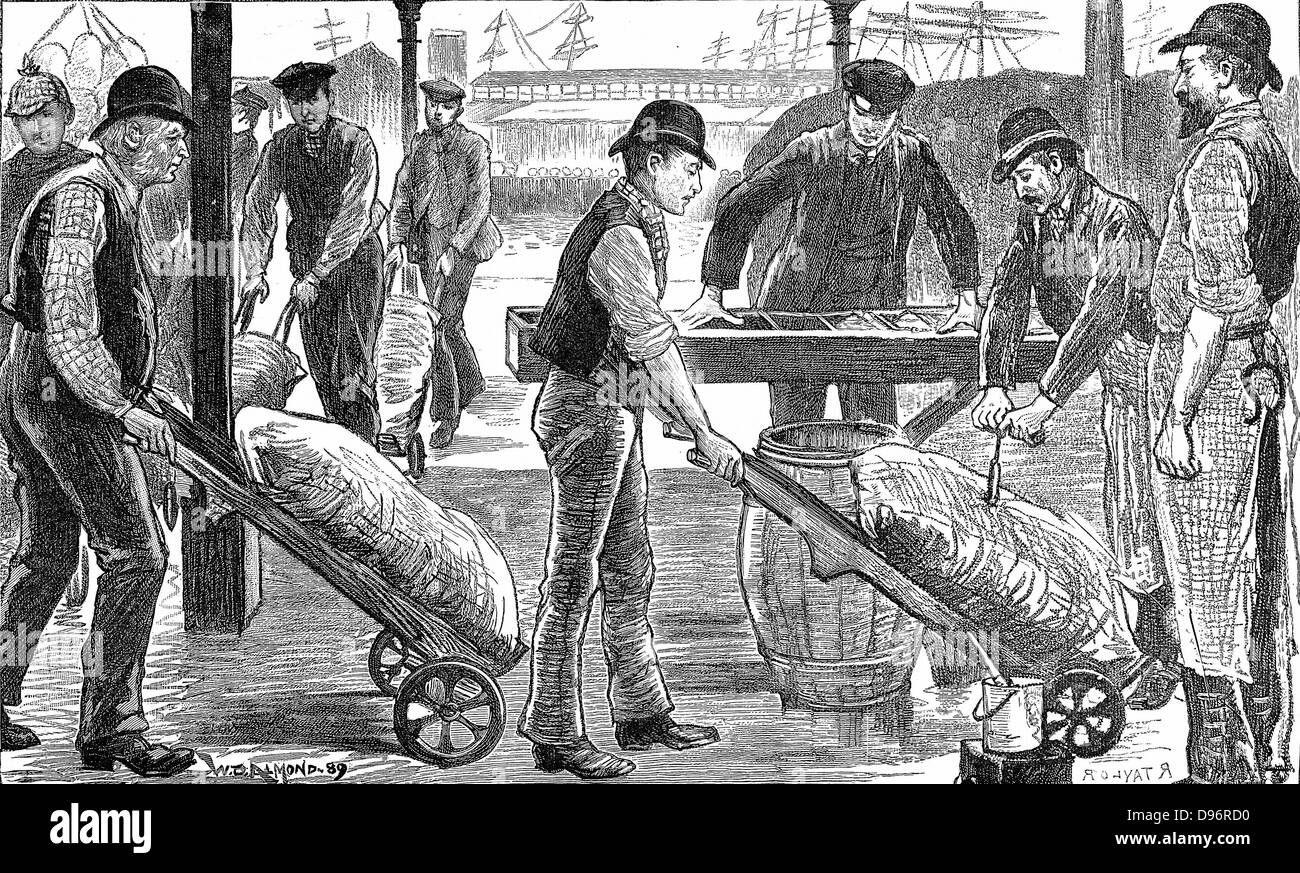 Sucre de dockers à West India Docks, Londres. Chaque roues docker un chariot portant un sac unique qui est enregistré et identifié. Gravure 1889. Banque D'Images