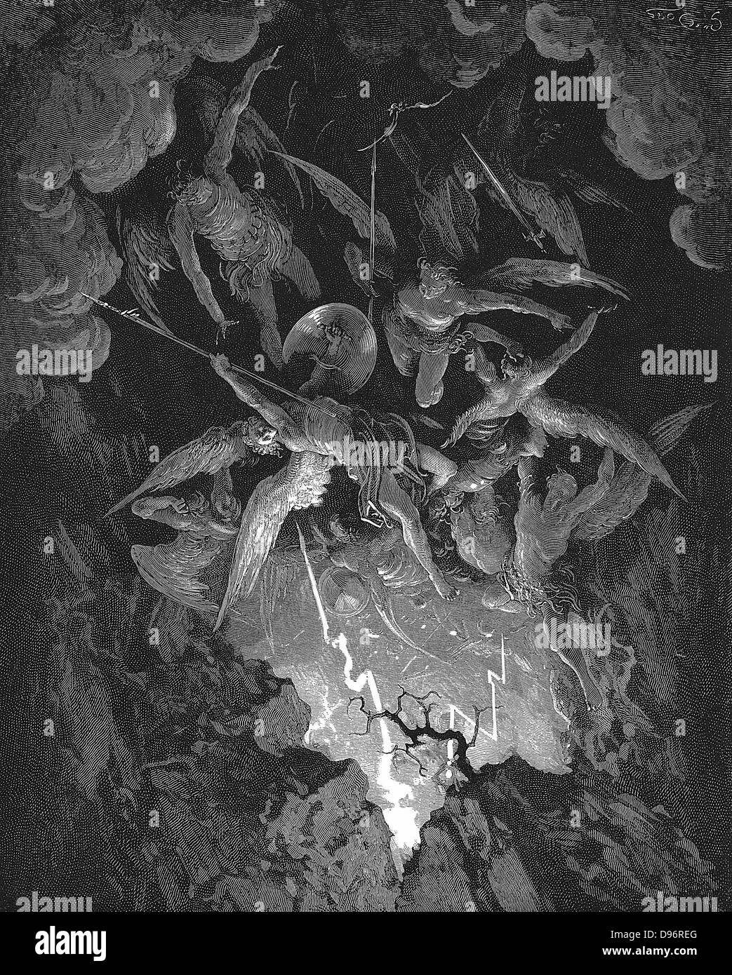 Gustave Dore illustration pour le poème épique de John Milton une dramatisation de la chute de l'homme, 'Paradis perdu' (1667) livre VI. Passer à travers la brèche dans le mur du ciel, les anges rebelles plongent vers le bas dans l'enfer. La gravure sur bois 1866 Banque D'Images