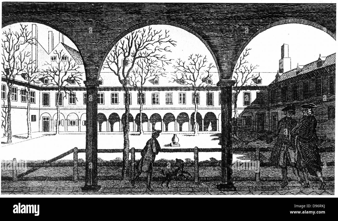 Cour de Gresham College, à partir de la 18e siècle gravure. Bien que ses véritables origines sont un peu plus tôt, la Société royale a été officiellement constitué au Gresham College le 28 novembre 1660, son lieu de rencontre jusqu'à 1710. Banque D'Images