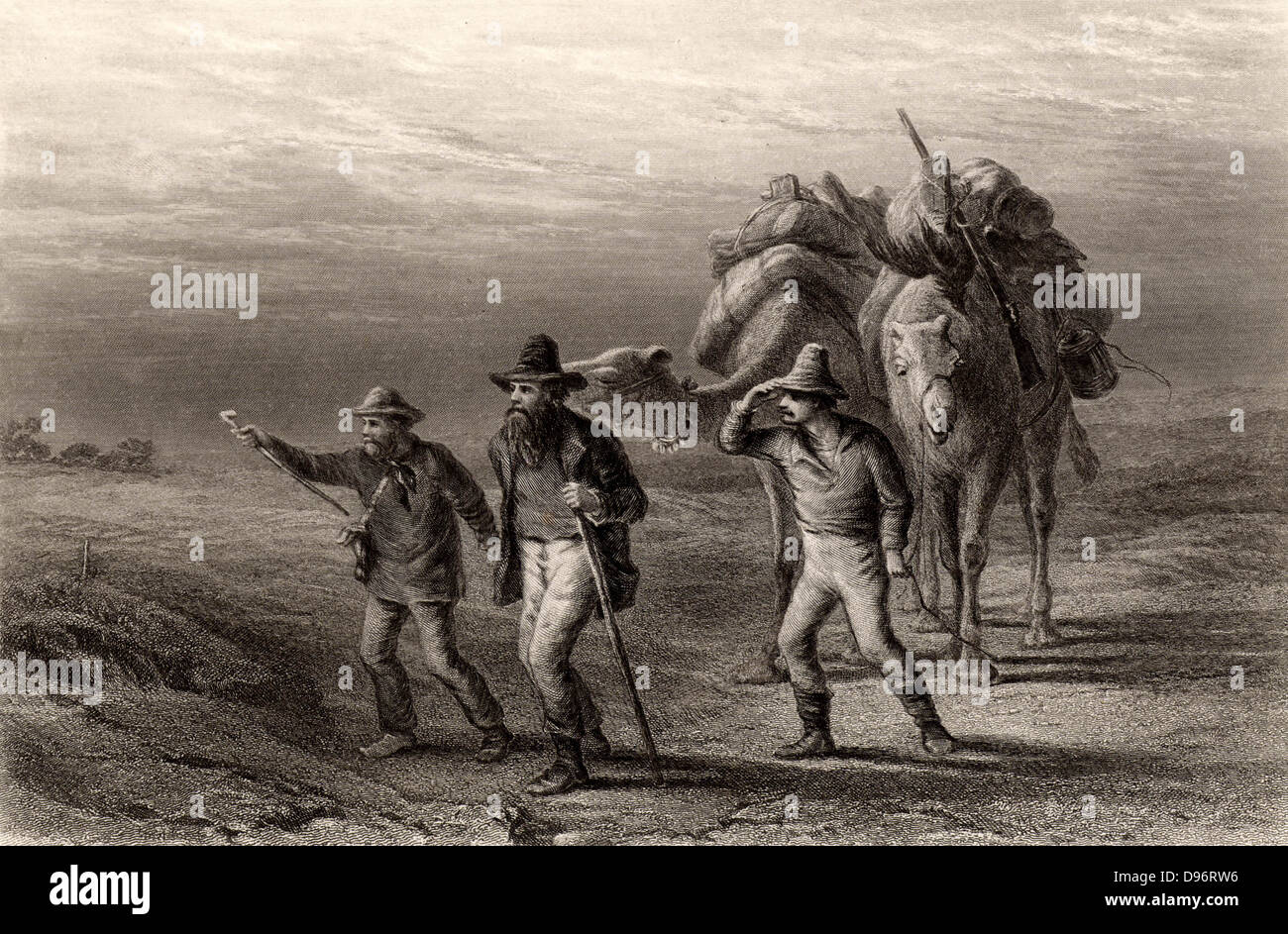 Burke et Wills expédition pour explorer l'intérieur de l'Australie (1860-1861). Robert O'Hara Burke (1820-1861) et William John Wills (1834-1861) avec John un roi (1838-1872), un autre membre de l'expédition retour à leur dépôt à Coopers Creek, Queensland. Burke et Wills sont morts de faim, alors que le roi a été trouvé par friendly indigènes et soignés jusqu'à ce qu'une équipe de sauvetage est arrivé. Gravure c1880. Banque D'Images