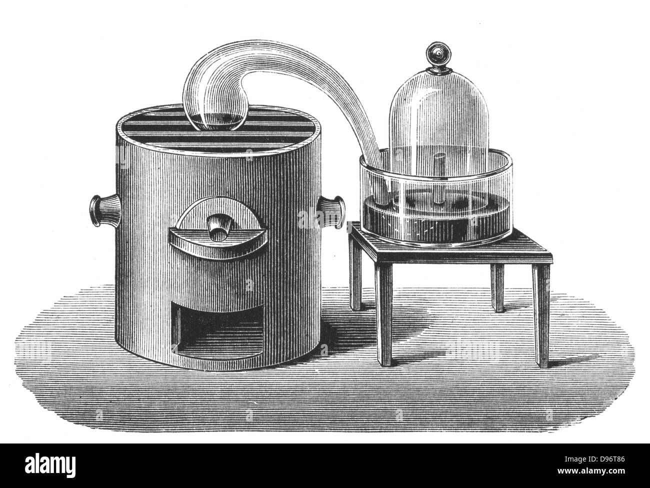 L'enquête de Lavoisier de l'existence de l'oxygène dans l'air. Le mercure dans l'auge (à droite) et dans le verre ballon (à gauche) sur un chauffage prolongé, certains l'oxyde rouge de mercure dans un ballon, tandis que le volume d'air dans bell jar (droite) réduit. Gravure, 1894. Banque D'Images