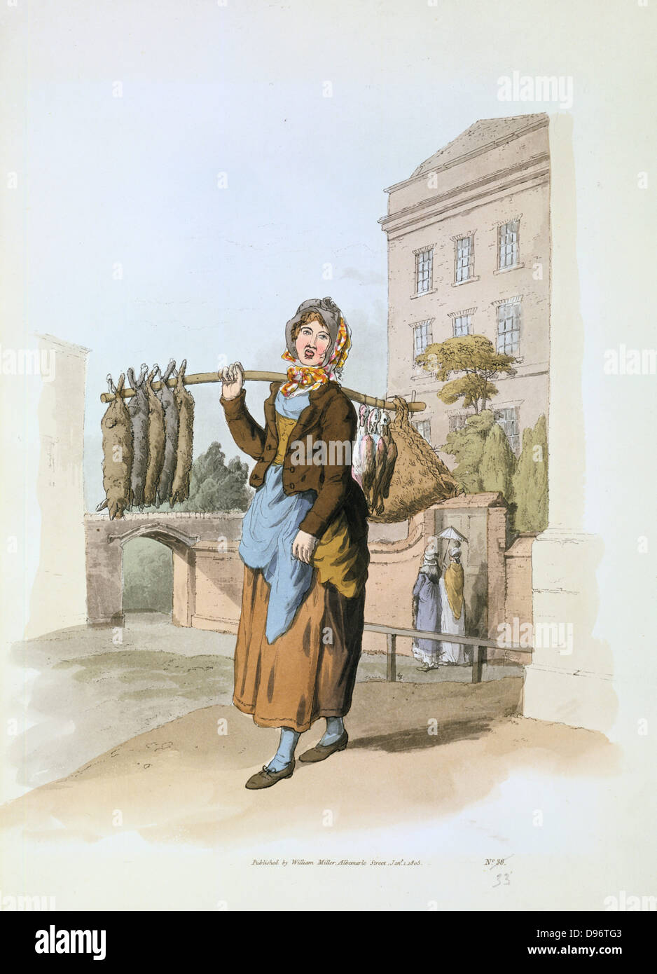 Femme vendant des lapins dans une rue de la ville. De William Henry Pyne 'Le Costume de Grande-bretagne", Londres, 1808. L'aquatinte. Banque D'Images