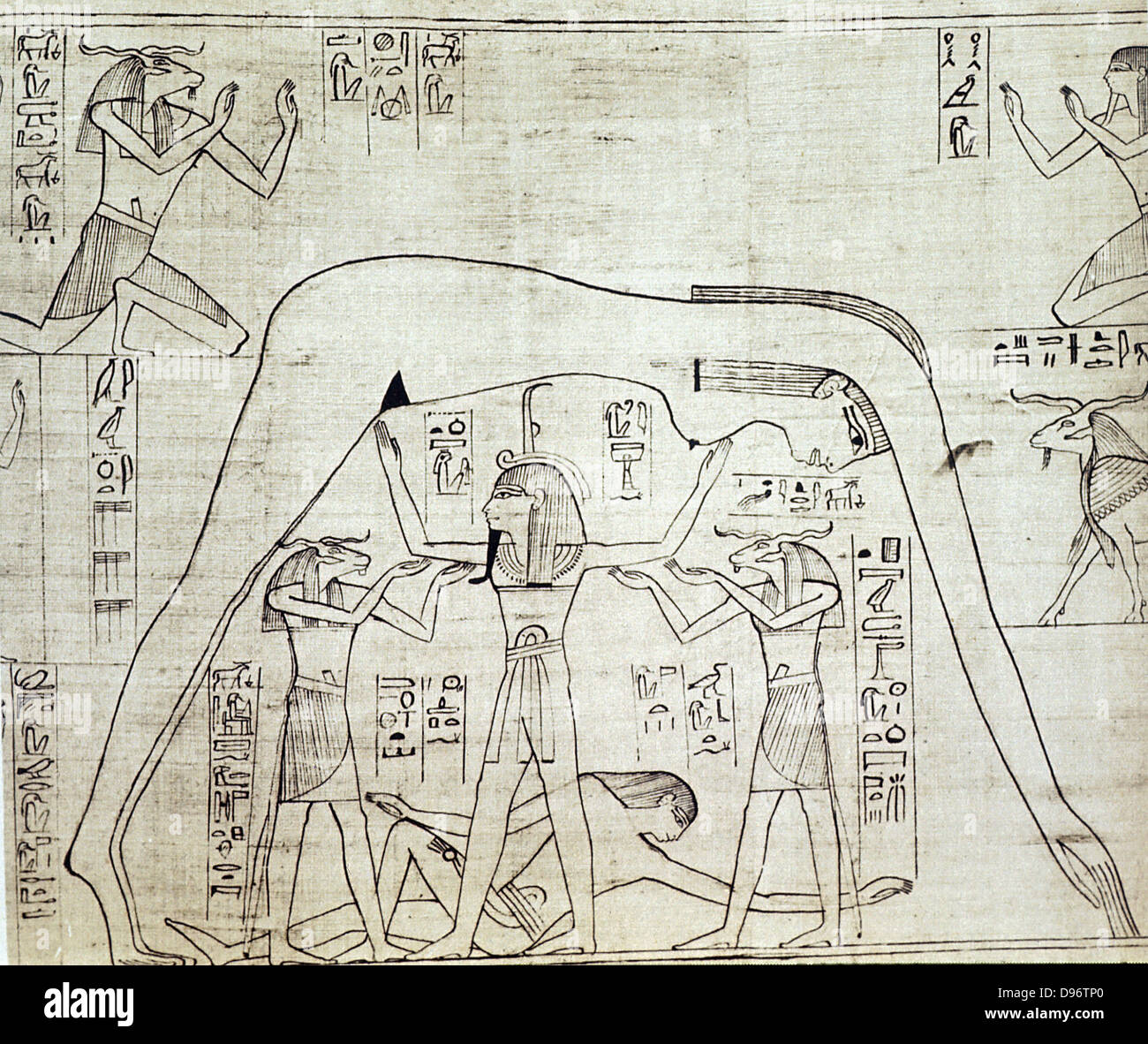Le cosmos de l'Égypte ancienne : déesse de l'écrou (sky) avec la terre (Qeb) fauteuil inclinable. Shu, représentant permanent de l'air, avec dieu à tête de bélier sur chaque côté. De Greenfield (Papyrus papyrus funéraire de la princesse Nesitanebtashru) c970 BC Banque D'Images