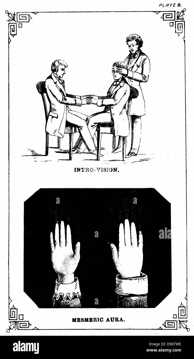 L'Hypnose : Introvision (pouvoir à la recherche en un organe) 'le plus pratique et aspect utile d'supersensuous la perception, est connu comme introvision" Patient, assis à droite, avec introvisional sous réserve, à gauche, et l'assistant de William Davey 'La pratique illustré Mesmerist", Londres, 1889. Lithographie. Banque D'Images