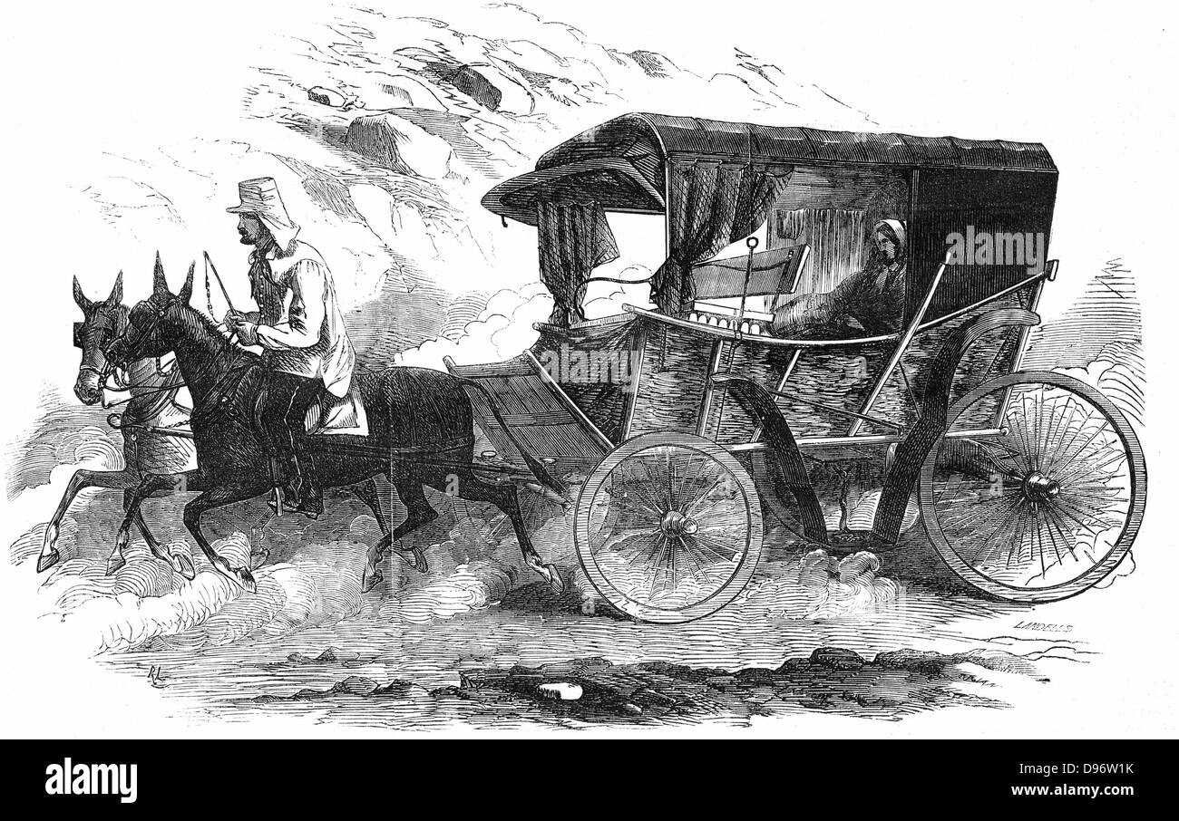 Florence Nightingale (1820 -1910), infirmière anglaise dans sa voiture dans la Crimée. "C'est un véhicule simple correspondant à la simplicité de sa femme qui elle était employée pour transmettre'. À partir de 'l'Illustrated London News, 30 août 1856. La gravure sur bois. Banque D'Images