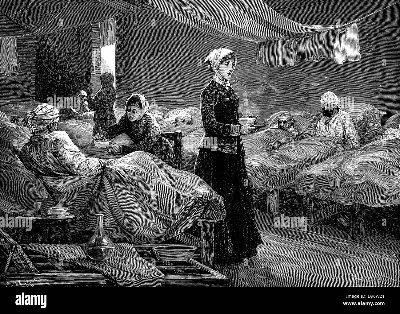 Florence Nightingale (1820 -1910) L'anglais, dans l'infirmière à l'hôpital de Scutari, caserne pendant la guerre de Crimée (1853-1856). La gravure sur bois c1880. Banque D'Images