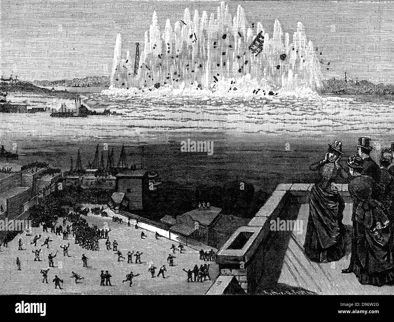 Blowing up rock, une partie de la porte de l'enfer qui a empêché complexe de roches de grands navires d'atteindre le port de New York, et a présenté un danger pour les plus petits. Dynamite a été l'explosif utilisé. À partir de 'Le Journal de la jeunesse', Paris, 1886. Banque D'Images