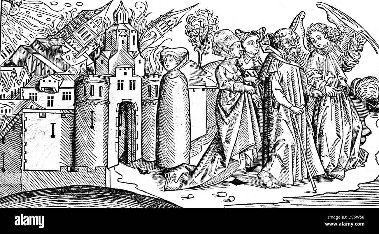 La destruction de Sodome et Gomorrhe par le séisme c.1900 BC : la femme de Lot se tourna vers statue de sel pour avoir désobéi à l'ordre de Dieu de ne pas regarder en arrière. La preuve d'une vaste zone de quake à cette date, et de la légende de feu et de soufre pourrait bien avoir surgi d'échapper des gaz de pétrole. De Hartmann Schedel 'Liber Chronicarum mundi' (Chronique de Nuremberg), Nurembereg, 1493. Gravure sur bois. Banque D'Images