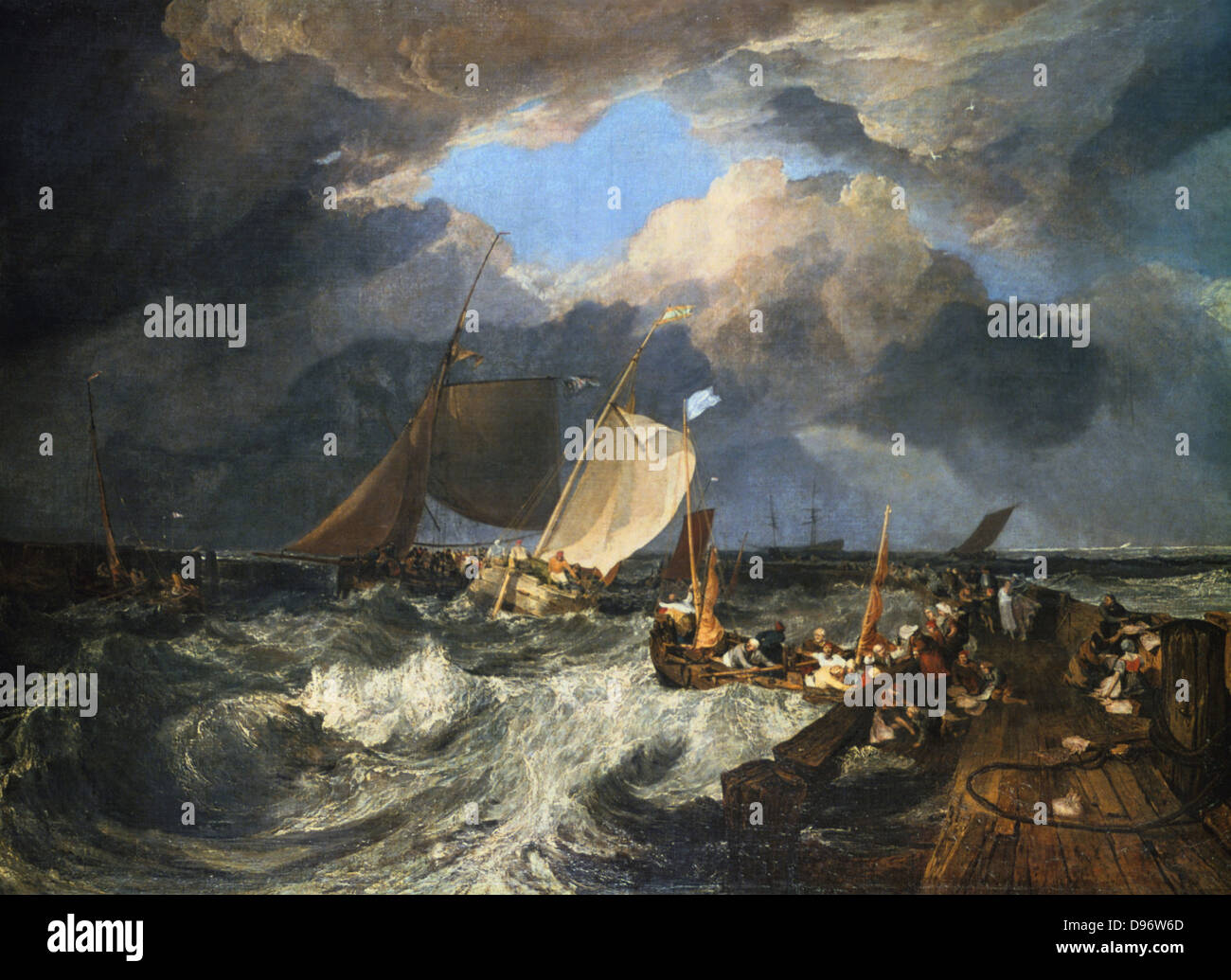Calais Pier : un bateau de paquets arrivant', 1803 : Joseph Mallord William Turner (1775-1851) l'artiste anglais. Huile sur toile. Banque D'Images