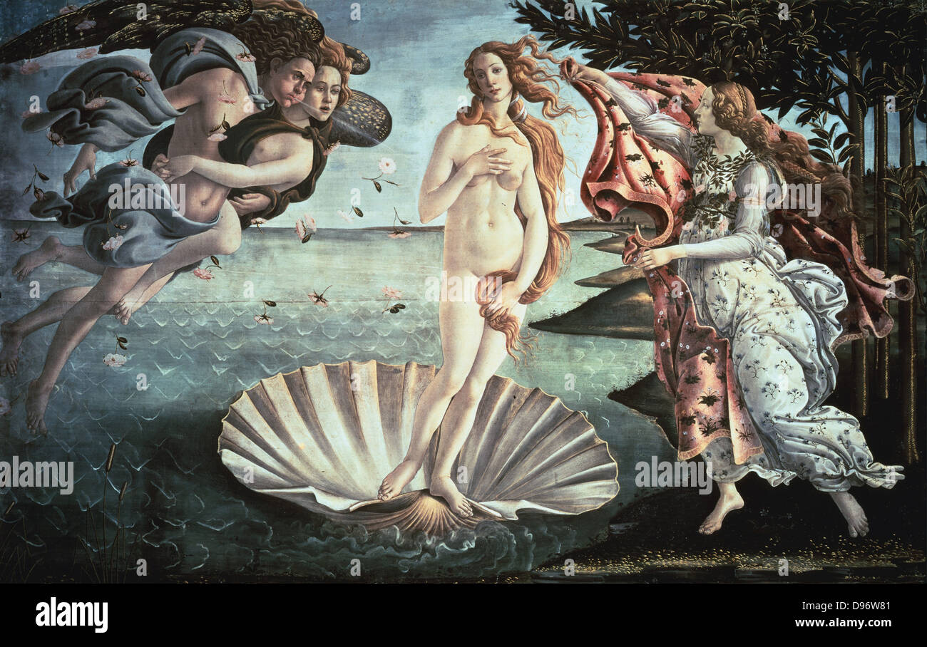 La Naissance de Vénus le c1485 : Sandro Botticelli (1444-1510) (Italien) artiste florentin. Banque D'Images