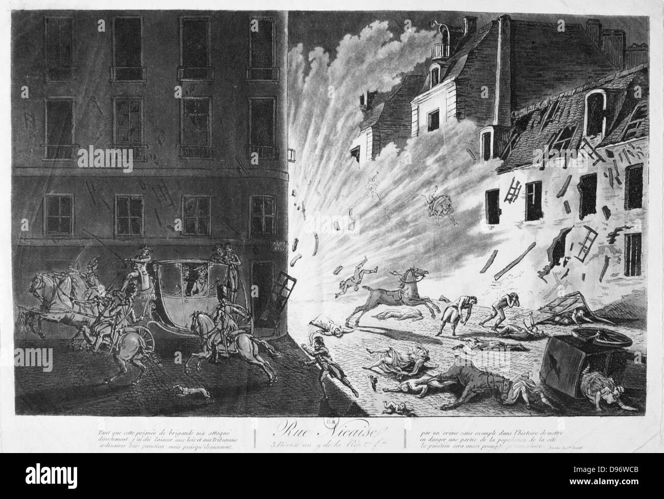 Attentat à la vie de Napoléon Bonaparte, Paris, le 24 décembre 1800. Napoléon en son entraîneur passé indemne mais beaucoup ont été blessées et de nombreuses maisons détruites par l'explosion. Gravure Banque D'Images