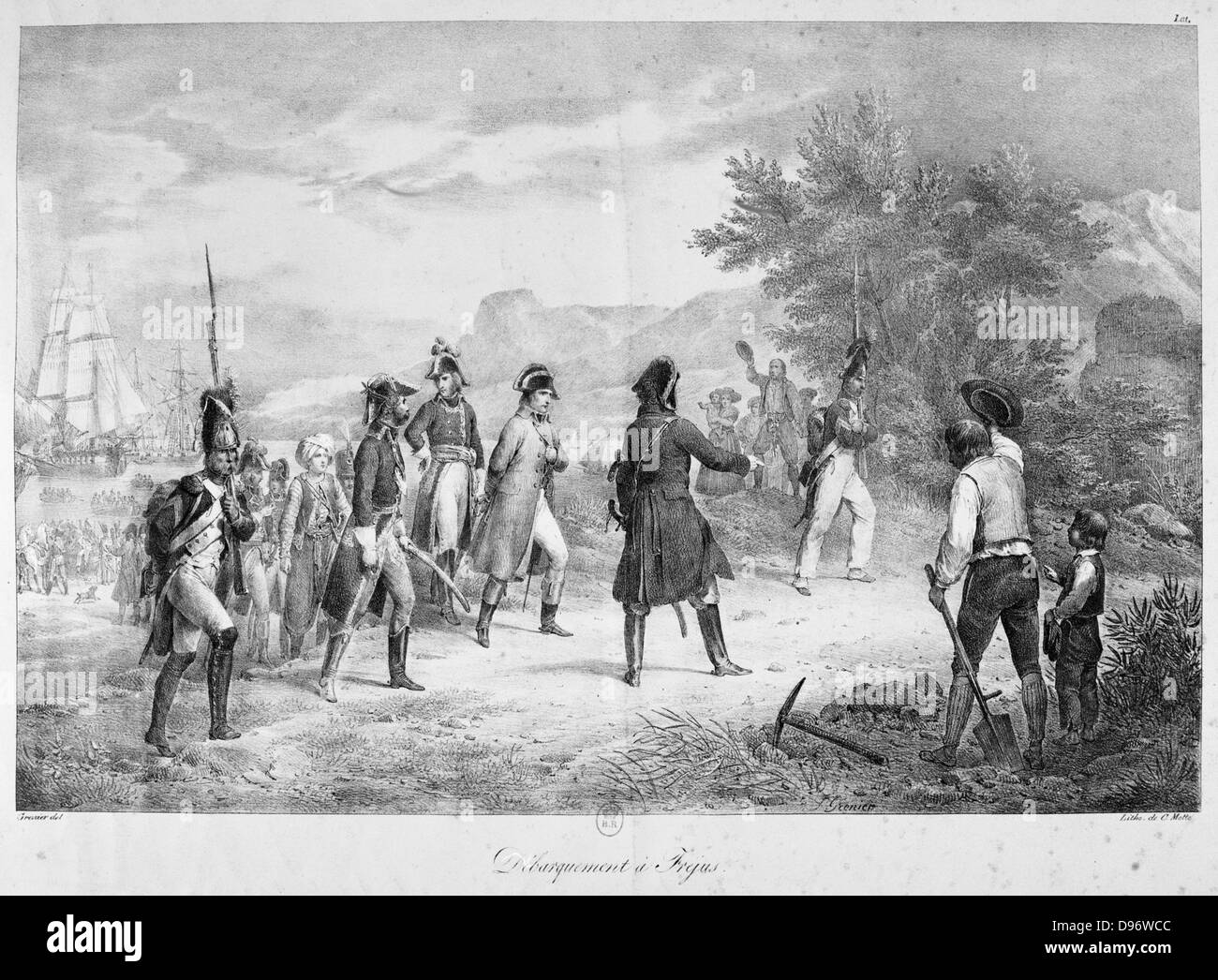 Napoléon quitte l'île d'Elbe après son exil, 1815. La gravure. Banque D'Images