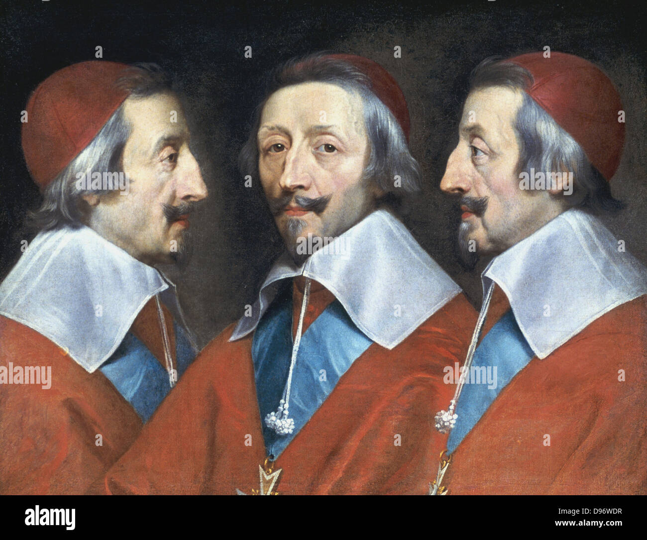 Portrait du Cardinal de Richelieu Triple' c1642. Jean Armand Duplessis, Duc de Richelieu (1585-1642), prélat et homme d'État français : Cardinal 1624 : Ministre d'état de Louis XIII et de facto chef de France Philippe de Champaigne (1602-1674) peintre français. Banque D'Images