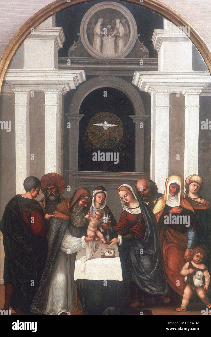 La circoncision". L'enfant Jésus présenté au Temple pour la cérémonie de circoncision. La colombe de l'Esprit Saint plane sur le groupe familial. L'enfant Jean le Baptiste se tient à l'avant droit. Ludovico Mazzolino (1480-1528) peintre italien. Banque D'Images