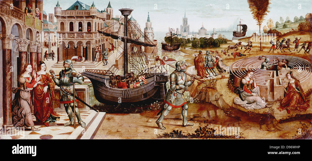L'histoire de Thésée", montrant Thésée tuant le minotaure au centre du labyrinthe. Sur le côté gauche, Ariane Thésée donne la balle de thread afin qu'il puisse trouver son chemin hors du labyrinthe. Maître de Cassoni (c1406-1480). Banque D'Images
