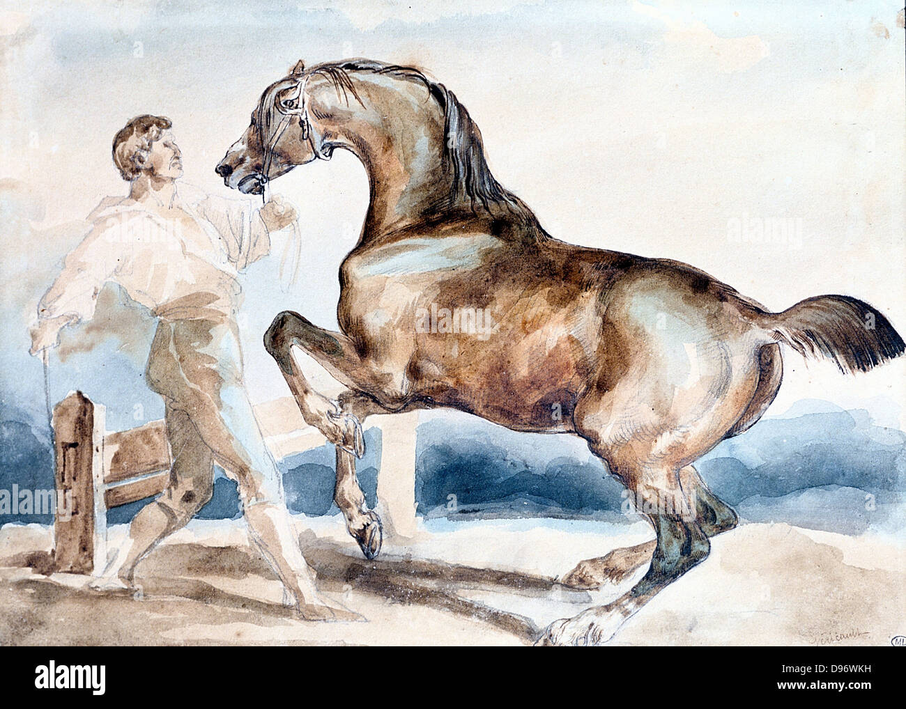 Le Dressage' Man training (rupture) un cheval d'accueil avec la queue. Theodore Gericault (1791-1824) peintre français. L'aquarelle. Banque D'Images