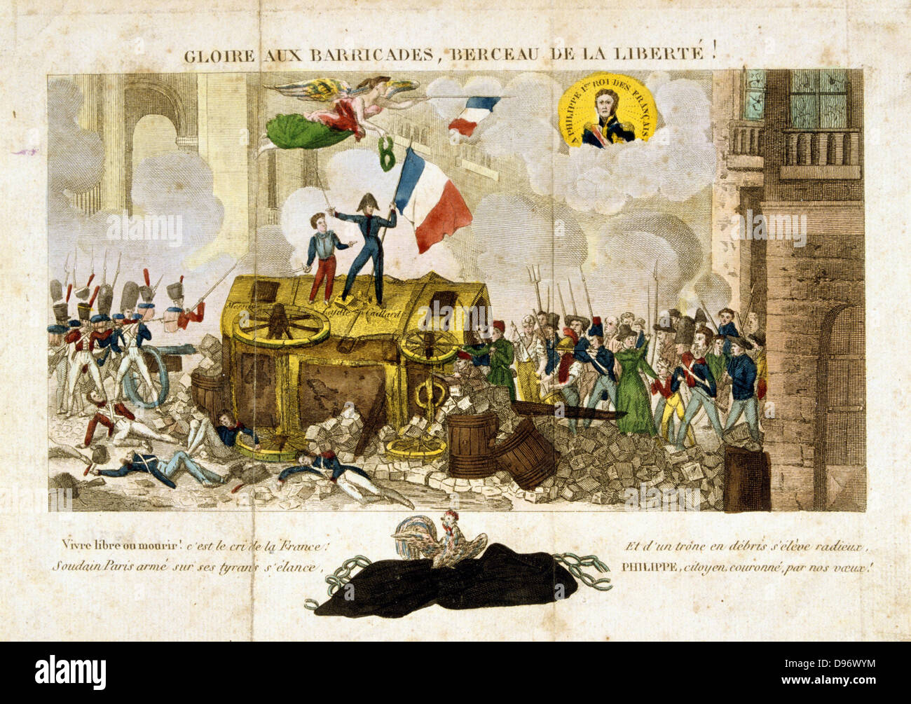 Révolution en France, 1830 : soulèvement à Paris 27, 28 et 30 juillet. "Gloire à la barricade, berceau de la Liberté !" print allégoriques soutenant Louis Philippe.à la main, gravure. Banque D'Images
