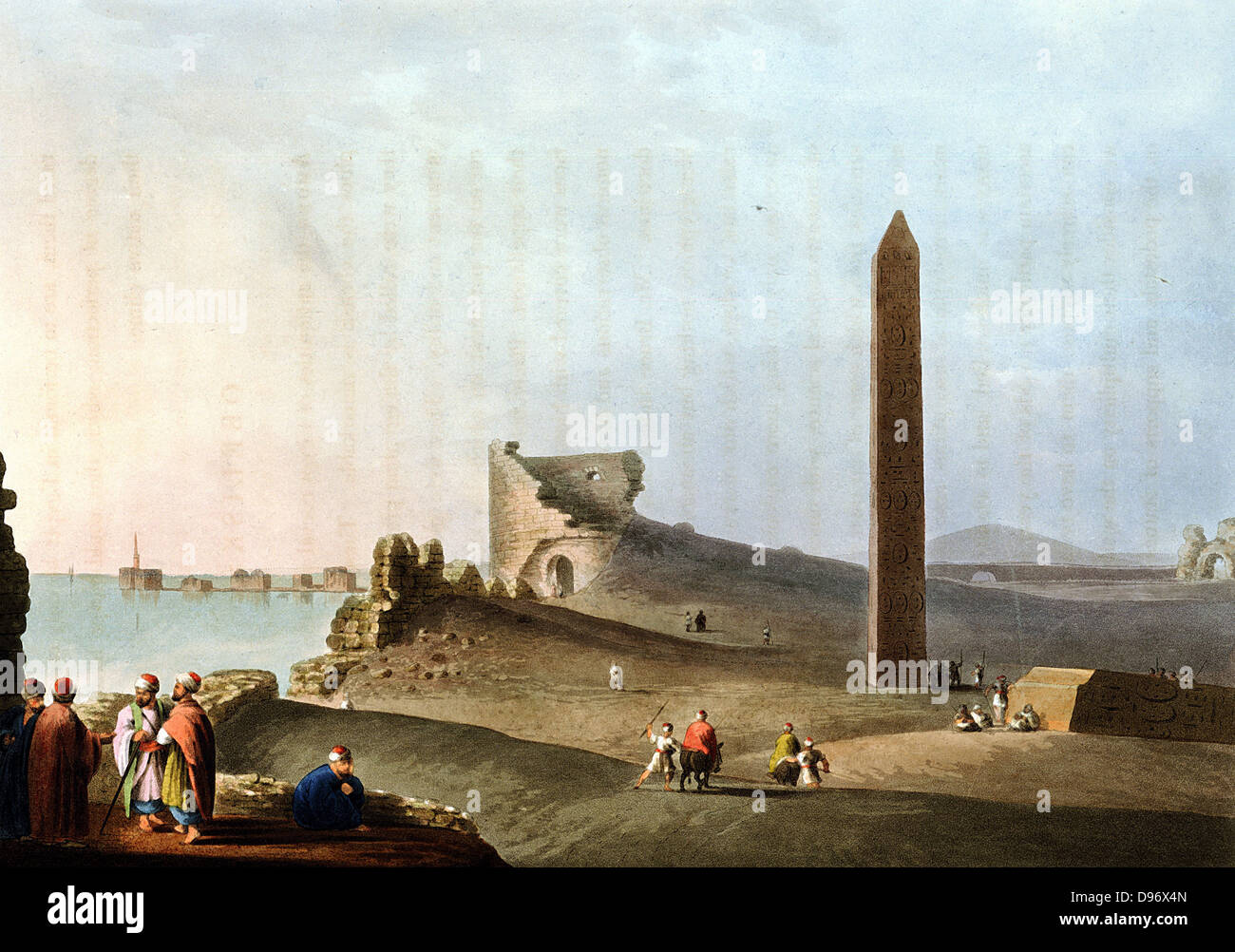 Les obélisques d'Alexandrie, appelés les aiguilles de Cléopâtre. L'aquatinte de 1802 après l'original par Luigi Mayer. Banque D'Images