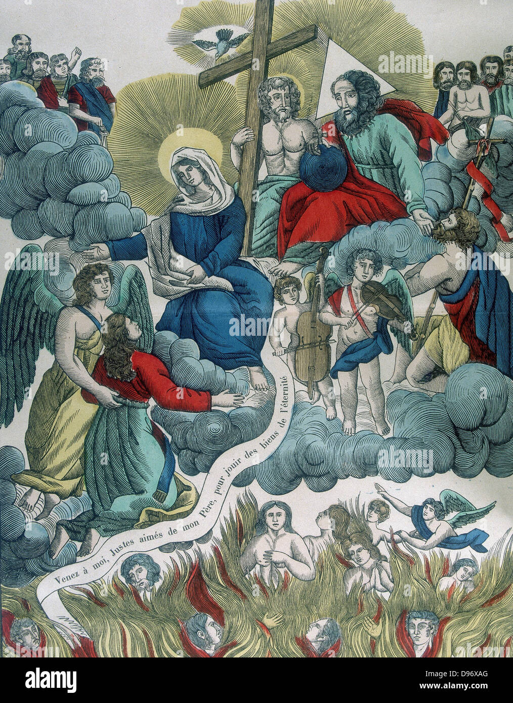 Âmes libérées du purgatoire accueilli dans la présence de la Trinité, Dieu le Père, Fils et Saint-Esprit (dove), par la Vierge Marie. Gravure sur bois français populaire au 19e. Banque D'Images