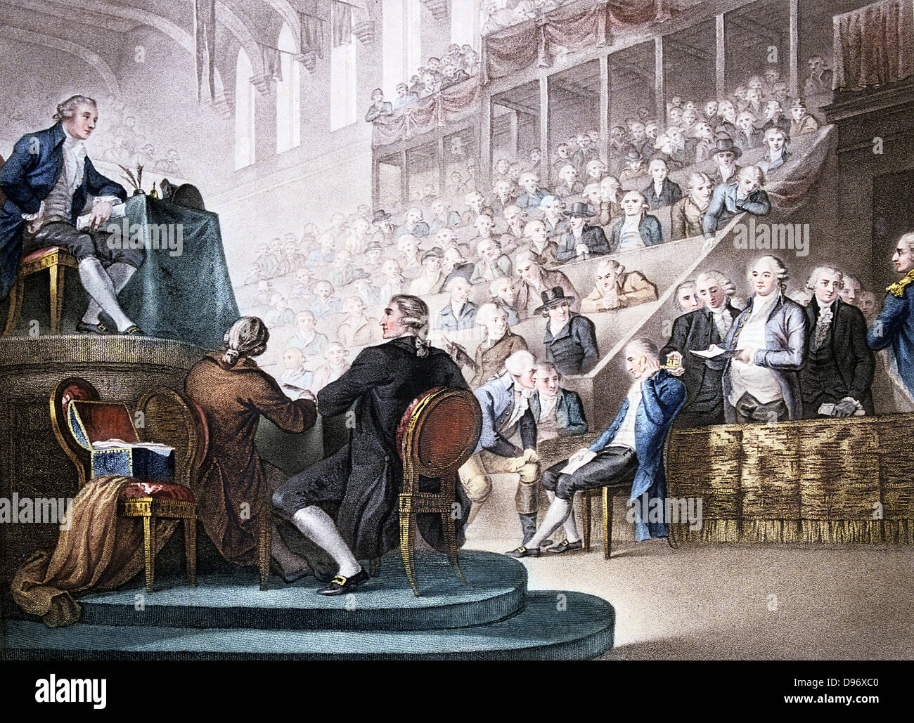 Révolution française. Louis XVI à la barre de la Convention nationale, le 26 décembre 1792'. Le président de la Convention ayant demandé s'il a quelque chose à dire pour sa propre défense, le roi parle brièvement et avec une grande dignité. L'aquatinte après photo par Domenico Pellegrini, Londres, 1796. Banque D'Images