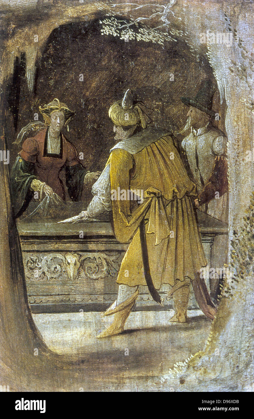 La Passion du Christ (Triptyque connu sous le Retable de St Antony) Détail : Les chiffres autour du tombeau vide. 16e siècle anonyme : Huile sur bois. L'église de St Nicolas, Tallin. Banque D'Images