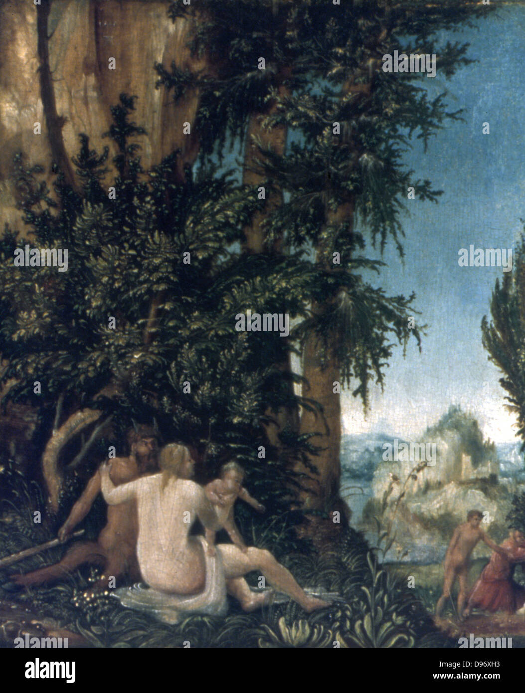 Paysage avec famille de satyres'. Albrecht, (1480-1538) Peintre, graveur et architecte : École du Danube. Huile sur panneau. Banque D'Images