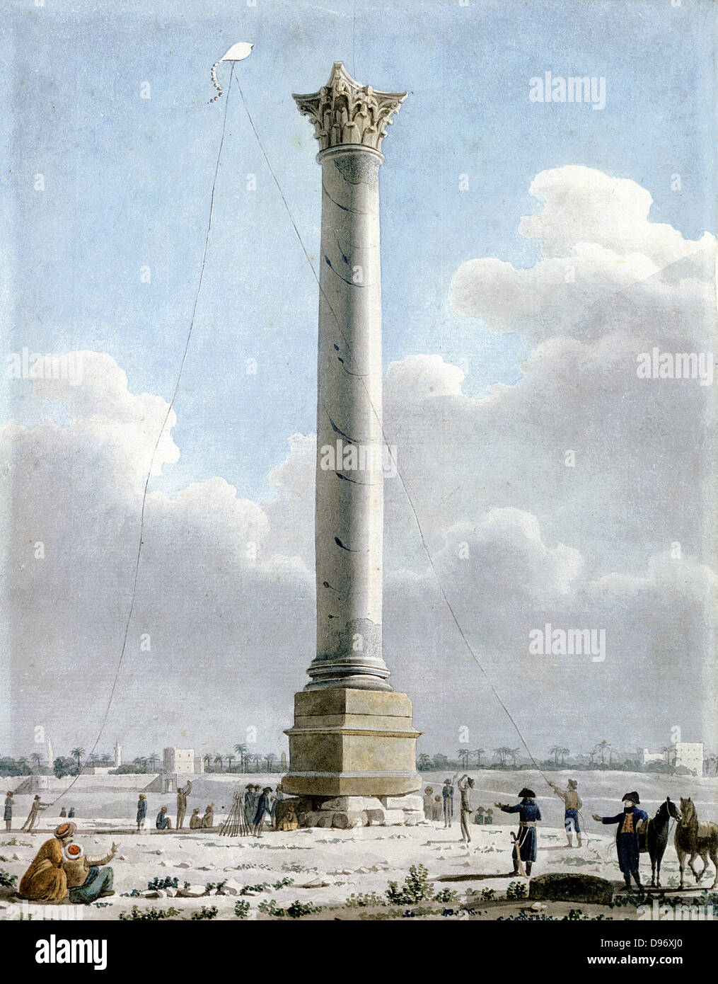 La colonne de Pompée, d'Alexandrie 1798". Soldats français affichage colonne. Les hommes flying kite. Vivant Denon (1747-1825). L'aquarelle. Banque D'Images