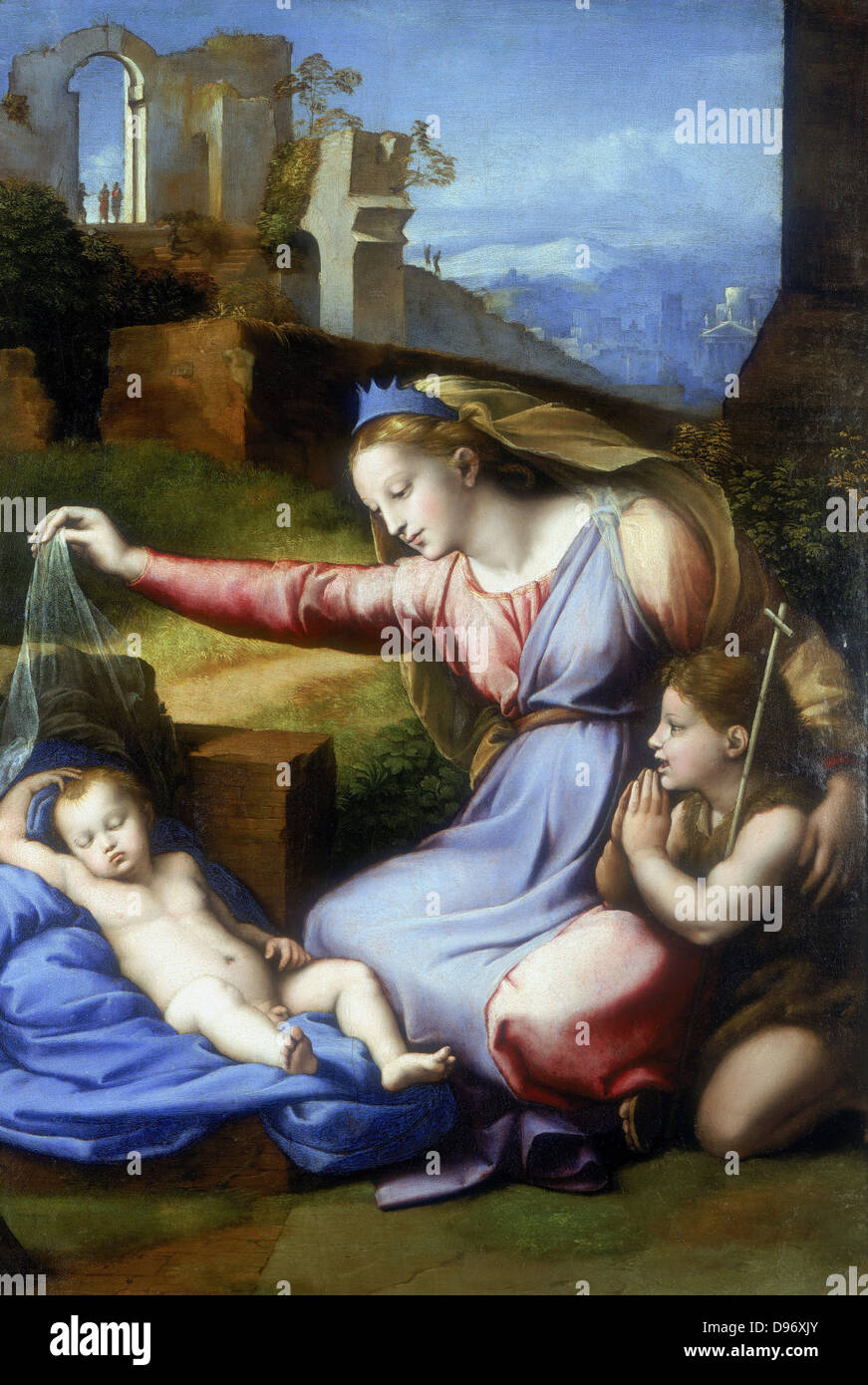 Le voile de la Vierge (la Vierge de l'Emblème bleu - La Vierge, l'enfant et de jeunes St John). Gianfresco Penni (Il Fattore, c1488-1528) peintre. Banque D'Images