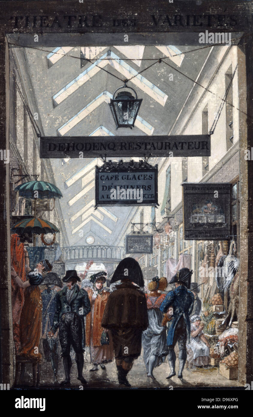 Le passage des Panoramas', 1807. Galerie marchande couverte à Paris, a ouvert en 1799. Louis-Philibert Debucourt (1755-1832) peintre français. La gouache. Banque D'Images