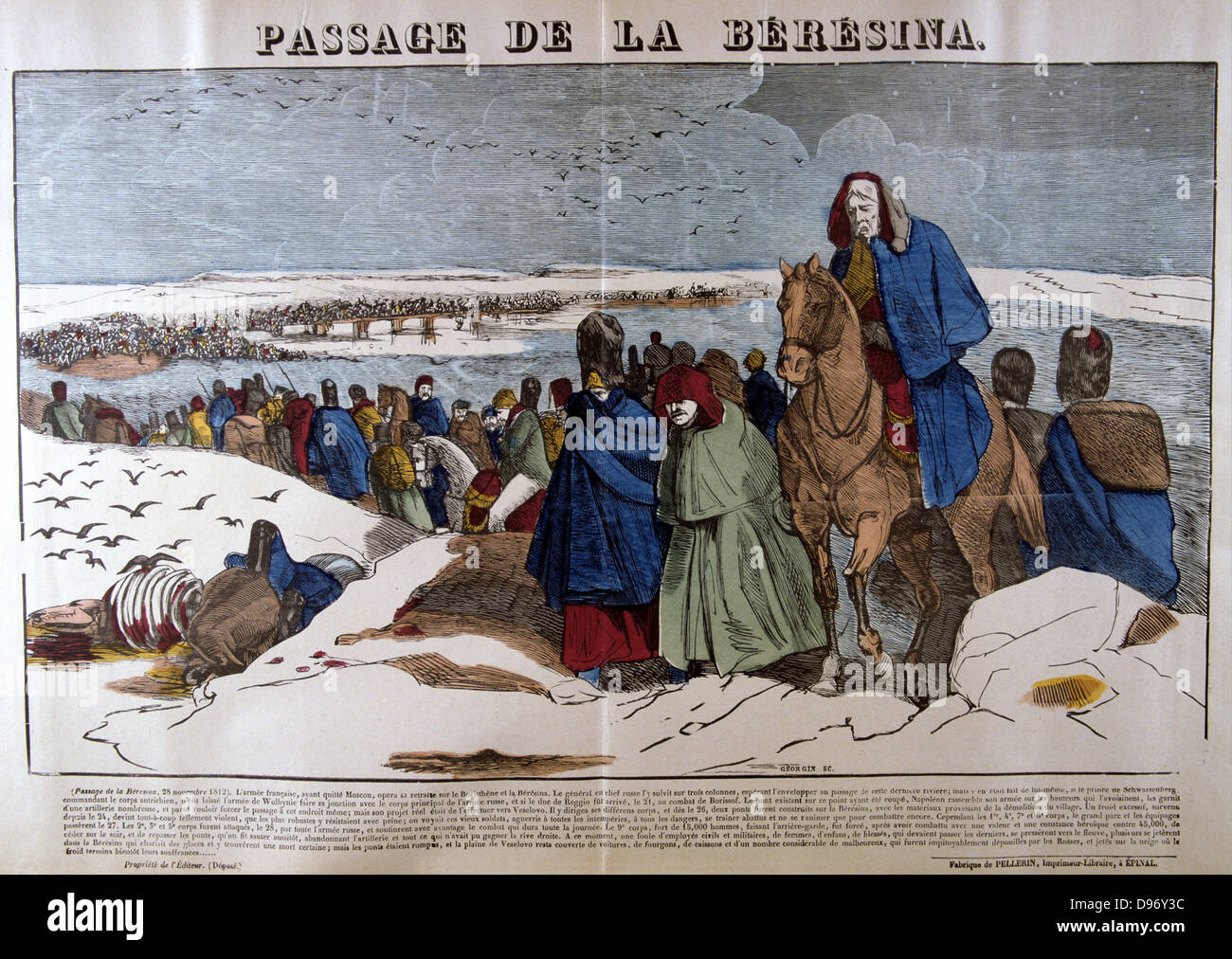 La Grande Armée de Napoléon le retrait de la Russie à travers le régional, 26-28 novembre 1812. 19e populaires français à la main, gravure sur bois. Banque D'Images
