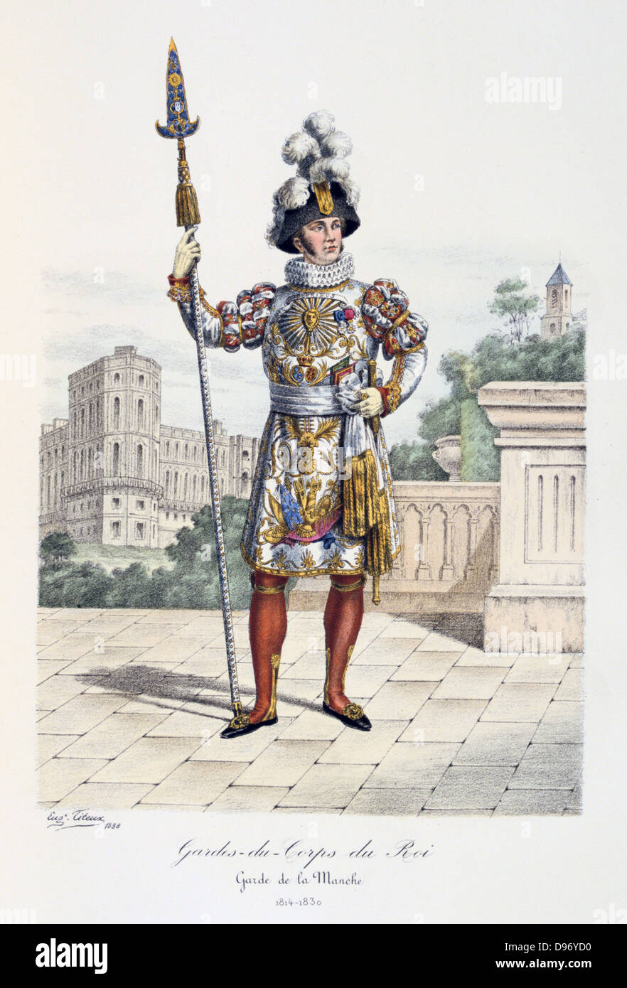 Soldat de la Garde royale en uniforme de cérémonie, 1814. À partir de 'Histoire de la Maison Militaire du Roi de 1814 a 1830" par Eugène Titeux, Paris, 1890. Banque D'Images