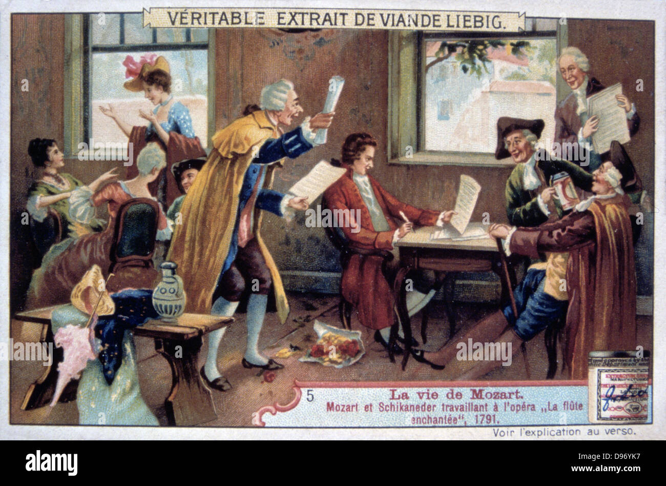 L'opéra de Mozart "La Flûte Enchantée" ('Die Zauberflote'), 1791 (1906). Wolfgang Amadeus Mozart (1756-1791) et Emanuel Schikaneder (1751-1812), le librettiste, travailler sur "La Flûte Enchantée" qui a été produit pour la première fois à Vienne en septembre 1791. 'La Vie de Mozart' ('La vie de Mozart"), Liebig Trade Card. (Paris, 1906). Chromolithographie. Banque D'Images